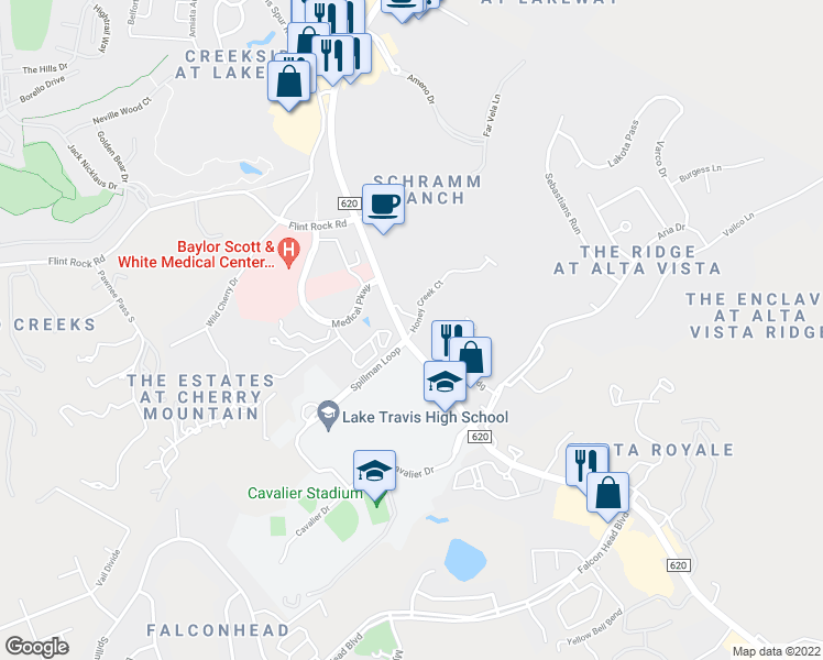 map of restaurants, bars, coffee shops, grocery stores, and more near 3207 Ranch Road 620 South in Austin