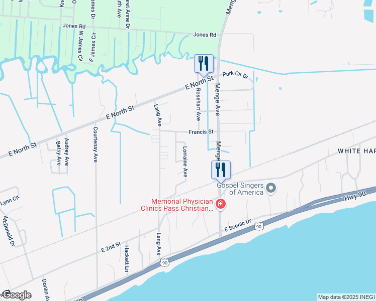 map of restaurants, bars, coffee shops, grocery stores, and more near 344 Lorraine Avenue in Pass Christian