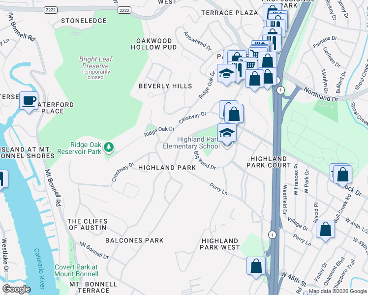 map of restaurants, bars, coffee shops, grocery stores, and more near 4801 Balcones Drive in Austin