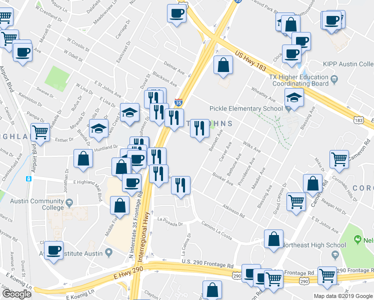 map of restaurants, bars, coffee shops, grocery stores, and more near 901 East Saint Johns Avenue in Austin