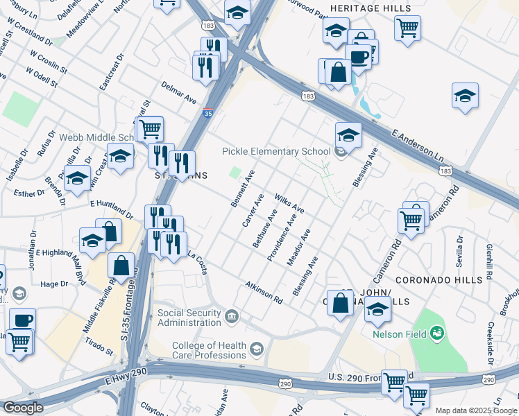 map of restaurants, bars, coffee shops, grocery stores, and more near 7205 Carver Avenue in Austin