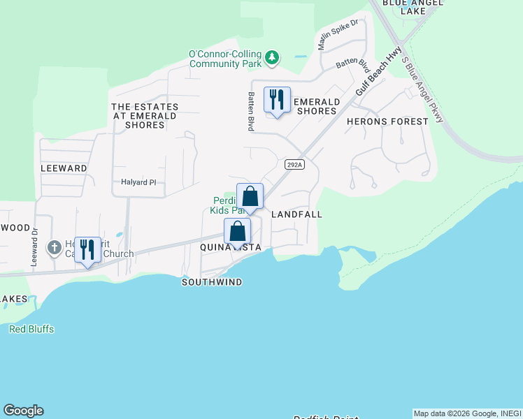 map of restaurants, bars, coffee shops, grocery stores, and more near 10001 Pandion Trail in Pensacola