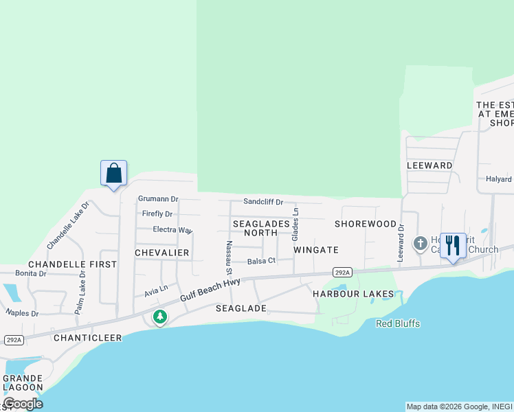 map of restaurants, bars, coffee shops, grocery stores, and more near 1532 Sandcliff Drive in Pensacola