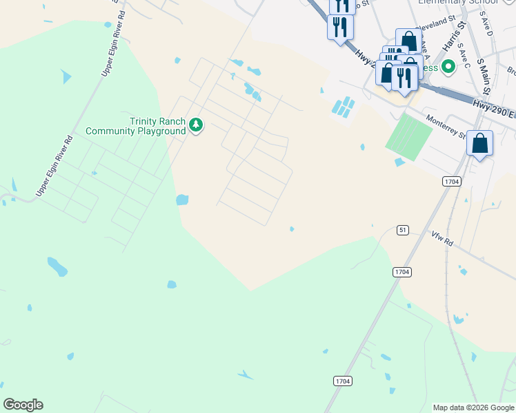 map of restaurants, bars, coffee shops, grocery stores, and more near County Road 51 in Elgin