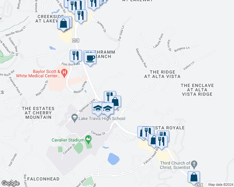 map of restaurants, bars, coffee shops, grocery stores, and more near 218 Aria Ridge in Lakeway