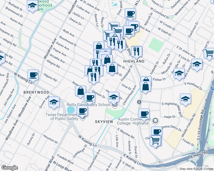 map of restaurants, bars, coffee shops, grocery stores, and more near 6309 Burns Street in Austin