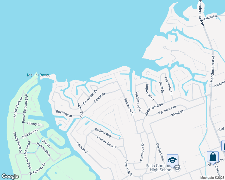 map of restaurants, bars, coffee shops, grocery stores, and more near 242 Basswood Drive in Pass Christian