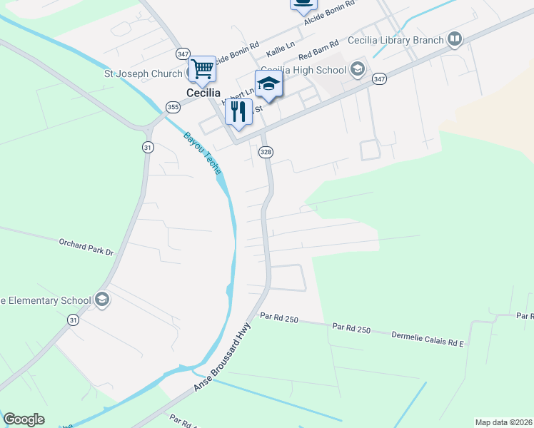 map of restaurants, bars, coffee shops, grocery stores, and more near 1032-1046 Anse Broussard Highway in Breaux Bridge