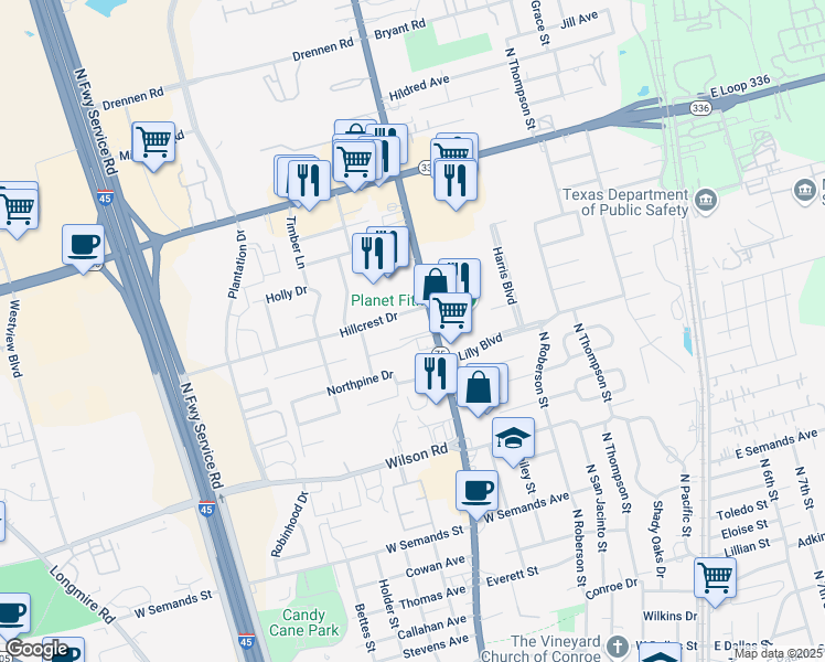 map of restaurants, bars, coffee shops, grocery stores, and more near 811 Hillcrest Drive in Conroe