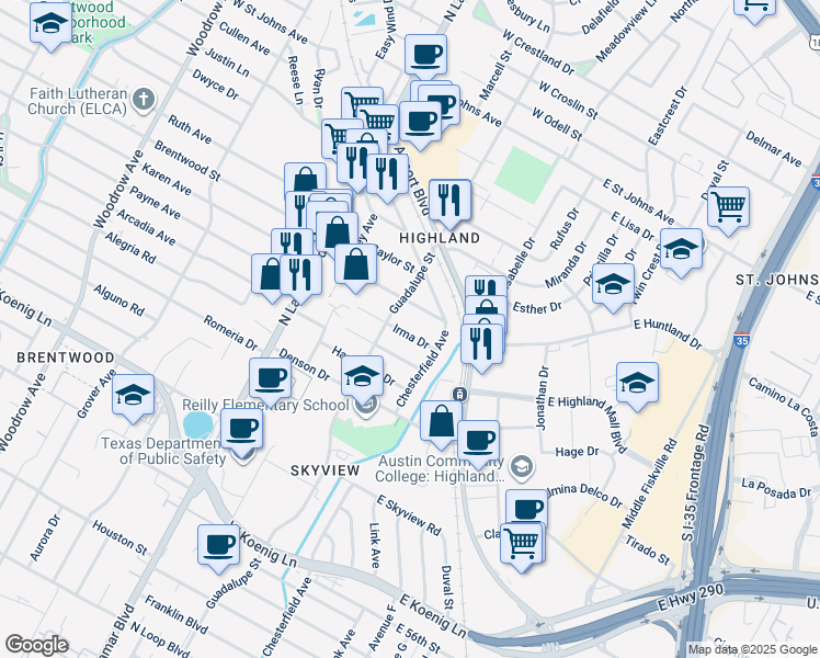 map of restaurants, bars, coffee shops, grocery stores, and more near 309 Brentwood Street in Austin