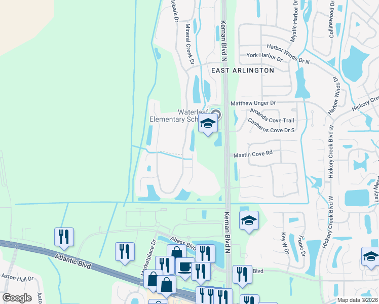 map of restaurants, bars, coffee shops, grocery stores, and more near 592 Candlebark Drive in Jacksonville