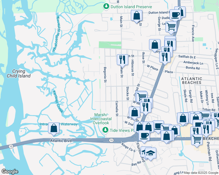 map of restaurants, bars, coffee shops, grocery stores, and more near 580 West 9th Street in Atlantic Beach