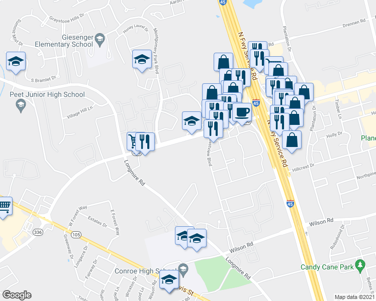 map of restaurants, bars, coffee shops, grocery stores, and more near 1717 North Loop 336 West in Conroe