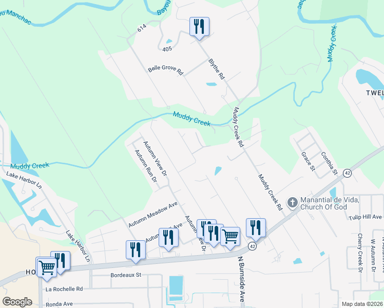 map of restaurants, bars, coffee shops, grocery stores, and more near 18301 Syble Road in Prairieville