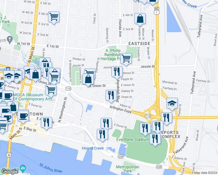 map of restaurants, bars, coffee shops, grocery stores, and more near 779 Spearing Street in Jacksonville