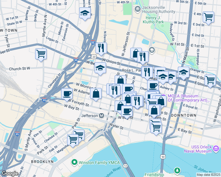 map of restaurants, bars, coffee shops, grocery stores, and more near 712 West Duval Street in Jacksonville