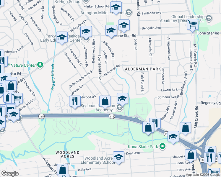 map of restaurants, bars, coffee shops, grocery stores, and more near 940 Middleton Road in Jacksonville