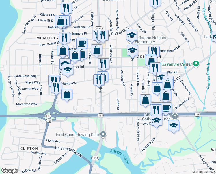 map of restaurants, bars, coffee shops, grocery stores, and more near 1108 Whitlock Avenue in Jacksonville