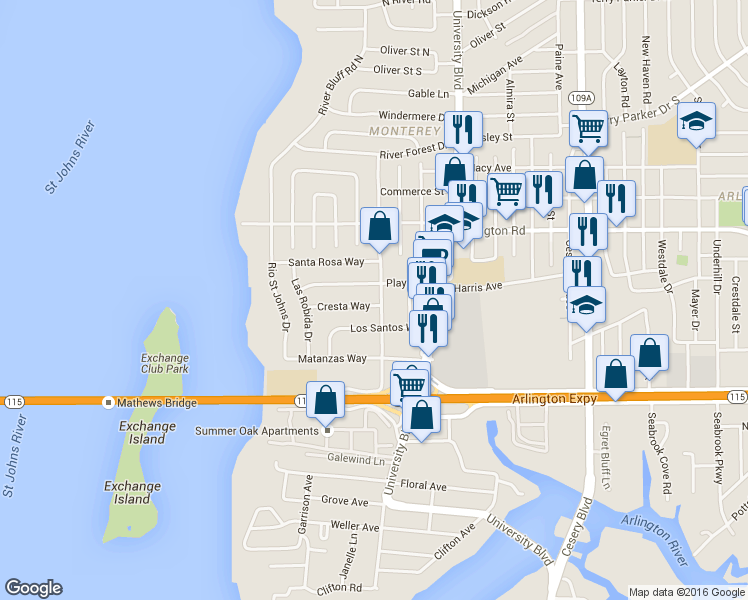 map of restaurants, bars, coffee shops, grocery stores, and more near 5452 Playa Way in Jacksonville