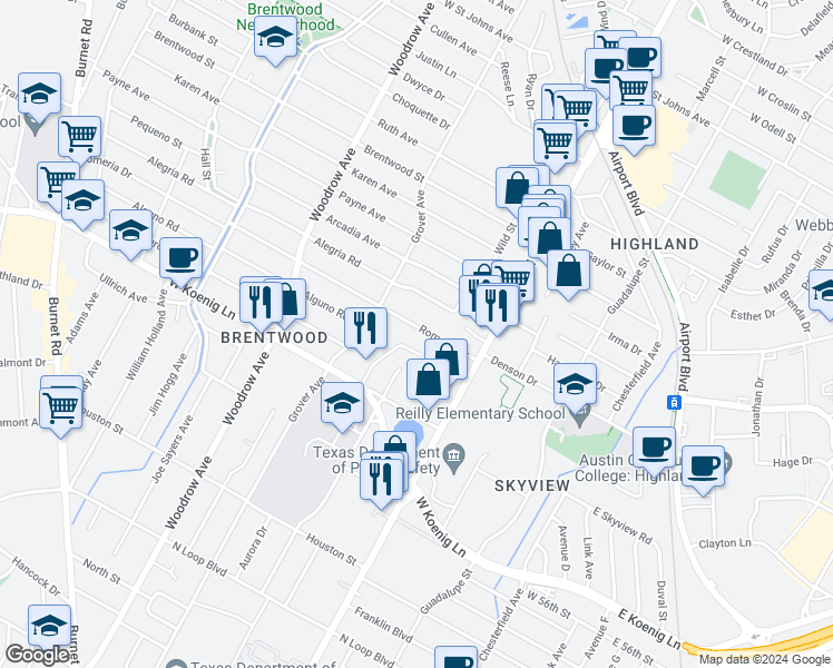 map of restaurants, bars, coffee shops, grocery stores, and more near 1013 Romeria Drive in Austin