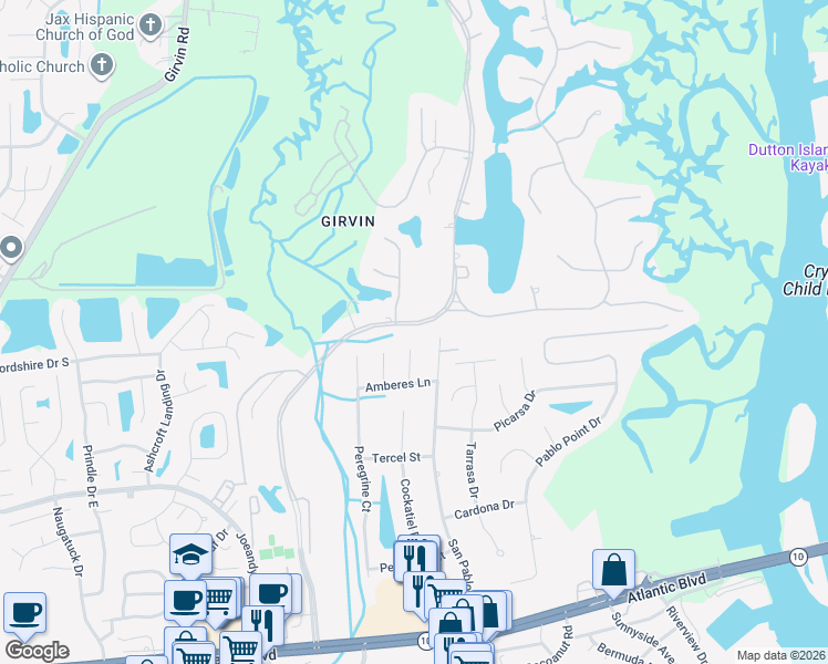 map of restaurants, bars, coffee shops, grocery stores, and more near 638 Queens Harbor Boulevard in Jacksonville