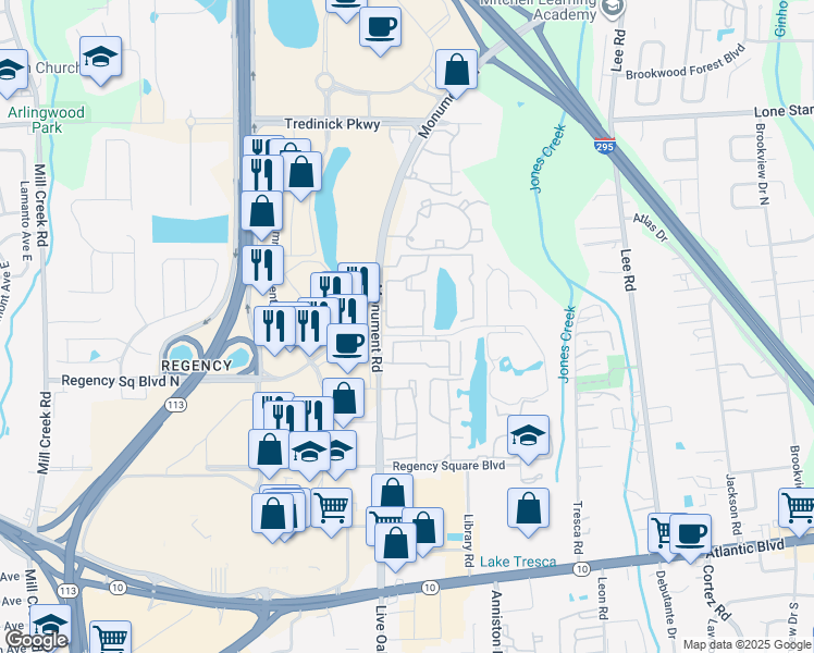 map of restaurants, bars, coffee shops, grocery stores, and more near 445-4 Regency Square Ap in Jacksonville