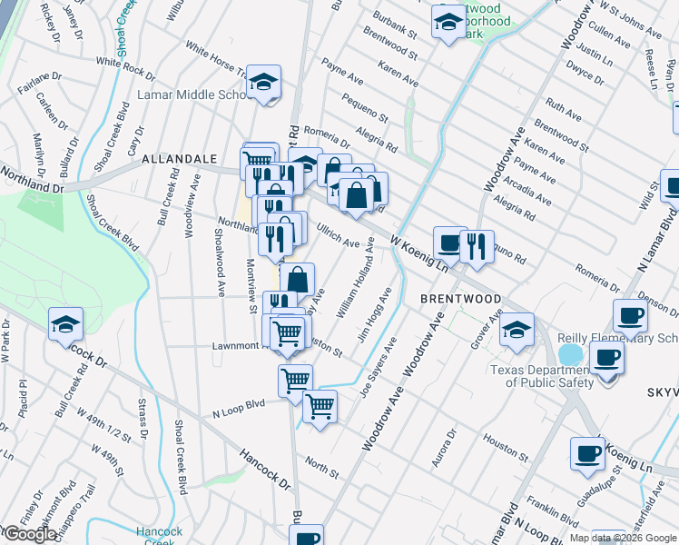 map of restaurants, bars, coffee shops, grocery stores, and more near 5617 Clay Avenue in Austin