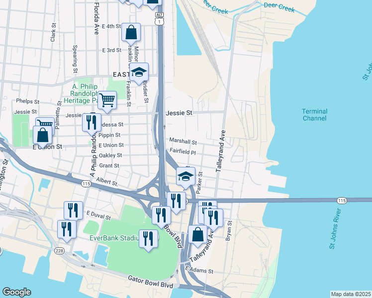 map of restaurants, bars, coffee shops, grocery stores, and more near 1574 Marshall Street in Jacksonville