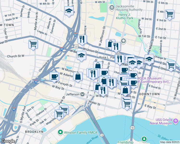 map of restaurants, bars, coffee shops, grocery stores, and more near 712 West Duval Street in Jacksonville