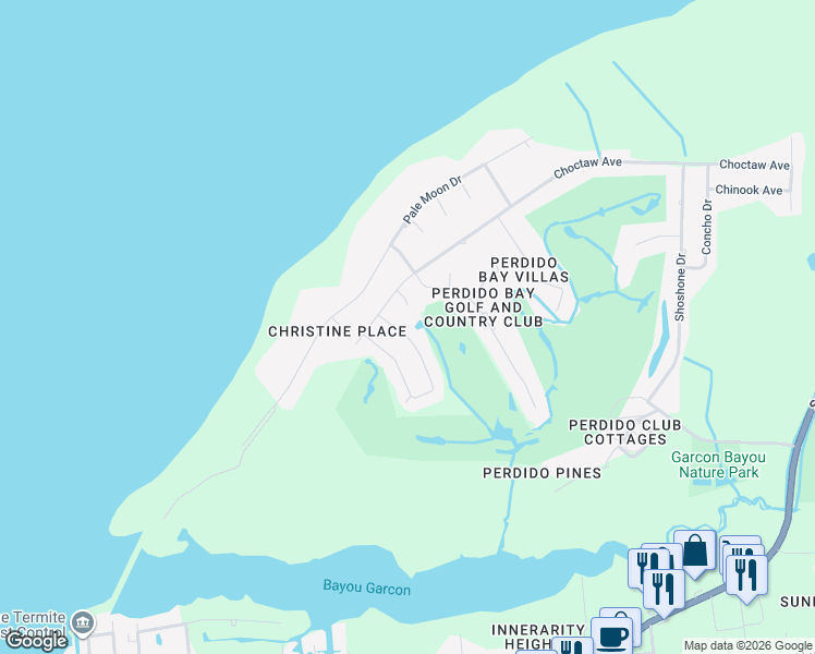 map of restaurants, bars, coffee shops, grocery stores, and more near 3 Arapaho Drive in Pensacola