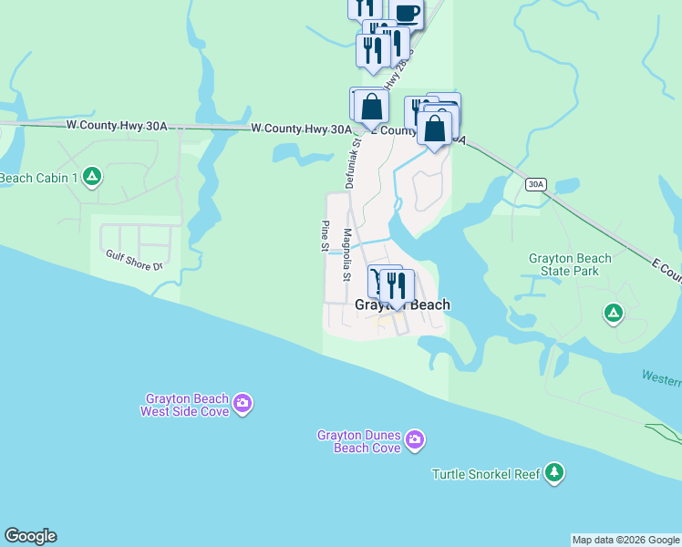 map of restaurants, bars, coffee shops, grocery stores, and more near 169 Magnolia Street in Santa Rosa Beach