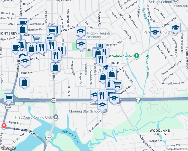 map of restaurants, bars, coffee shops, grocery stores, and more near 1066 Eastdale Street in Jacksonville