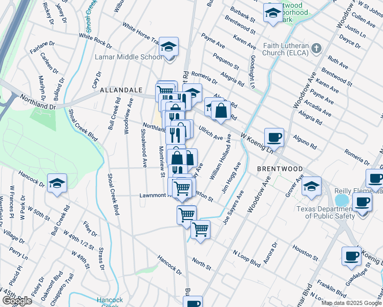 map of restaurants, bars, coffee shops, grocery stores, and more near 5621 Adams Avenue in Austin