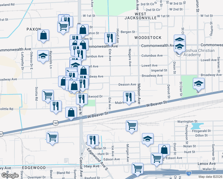 map of restaurants, bars, coffee shops, grocery stores, and more near 3350 Deason Avenue in Jacksonville