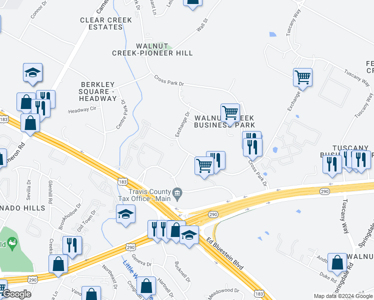 map of restaurants, bars, coffee shops, grocery stores, and more near 8054 Exchange Drive in Austin