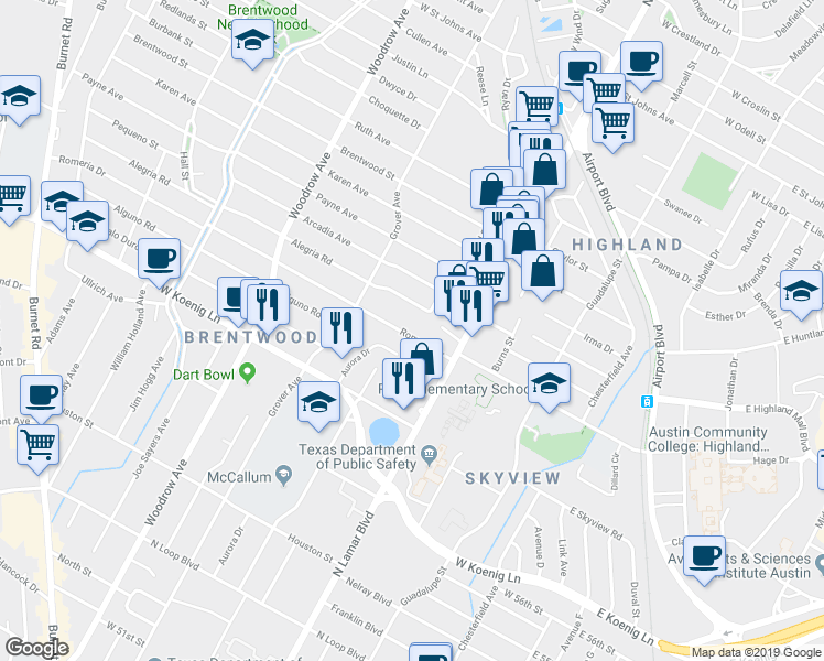 map of restaurants, bars, coffee shops, grocery stores, and more near 1001 Alegria Road in Austin