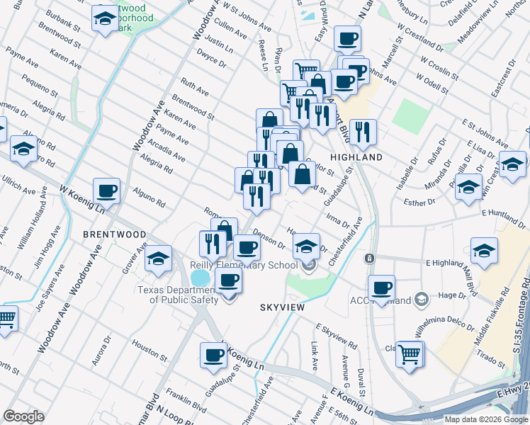 map of restaurants, bars, coffee shops, grocery stores, and more near 721 Lamar Place in Austin