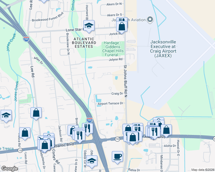 map of restaurants, bars, coffee shops, grocery stores, and more near 542 Jaron Court in Jacksonville