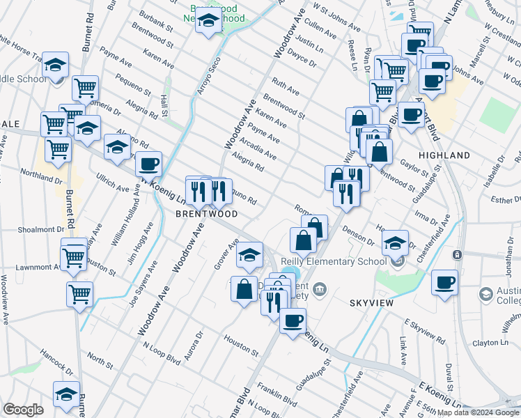 map of restaurants, bars, coffee shops, grocery stores, and more near 1201 Alguno Road in Austin