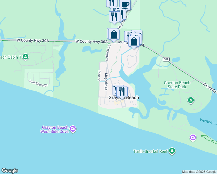 map of restaurants, bars, coffee shops, grocery stores, and more near 169 Magnolia Street in Santa Rosa Beach