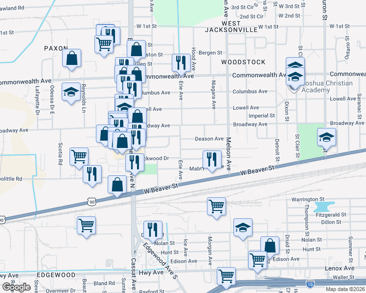 map of restaurants, bars, coffee shops, grocery stores, and more near 3350 Deason Avenue in Jacksonville