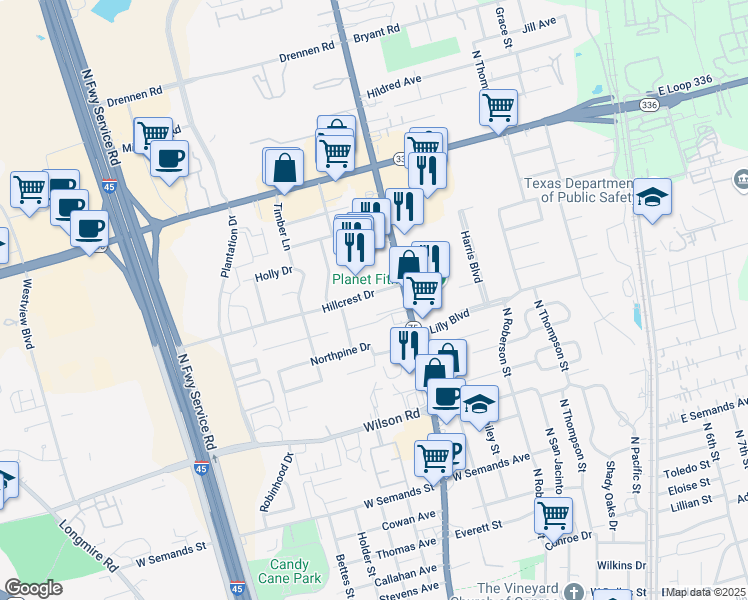 map of restaurants, bars, coffee shops, grocery stores, and more near 811 Hillcrest Drive in Conroe