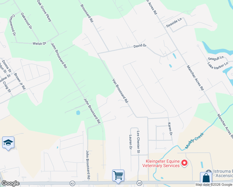 map of restaurants, bars, coffee shops, grocery stores, and more near 18193 Van Broussard Road in Prairieville