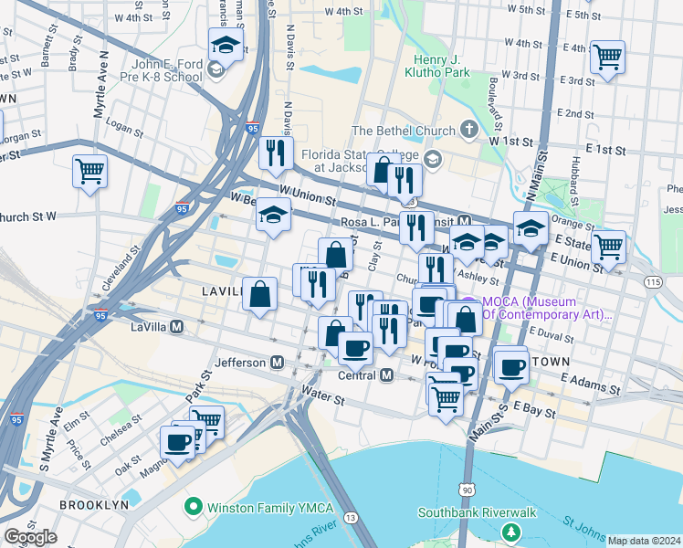 map of restaurants, bars, coffee shops, grocery stores, and more near 410 Broad Street in Jacksonville