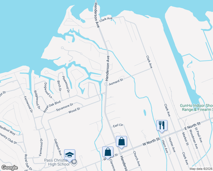 map of restaurants, bars, coffee shops, grocery stores, and more near 101 Asmard Street in Pass Christian