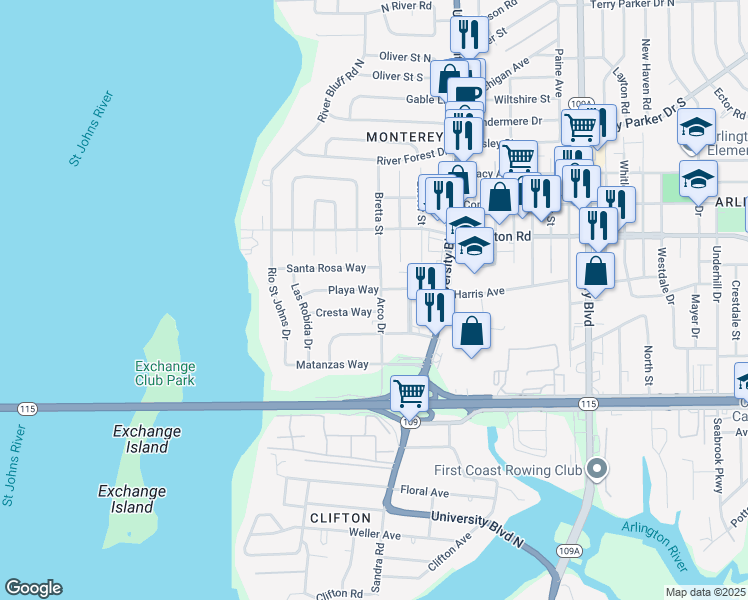 map of restaurants, bars, coffee shops, grocery stores, and more near 5452 Playa Way in Jacksonville