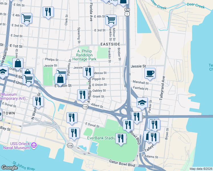 map of restaurants, bars, coffee shops, grocery stores, and more near 1117 East Union Street in Jacksonville