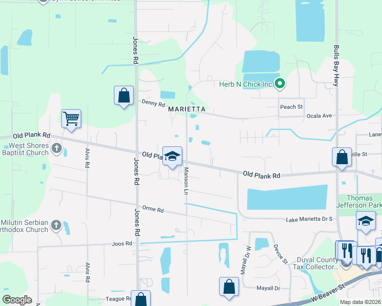 map of restaurants, bars, coffee shops, grocery stores, and more near 8960 Old Plank Road in Jacksonville