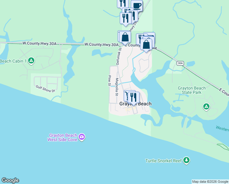 map of restaurants, bars, coffee shops, grocery stores, and more near 169 Magnolia Street in Santa Rosa Beach