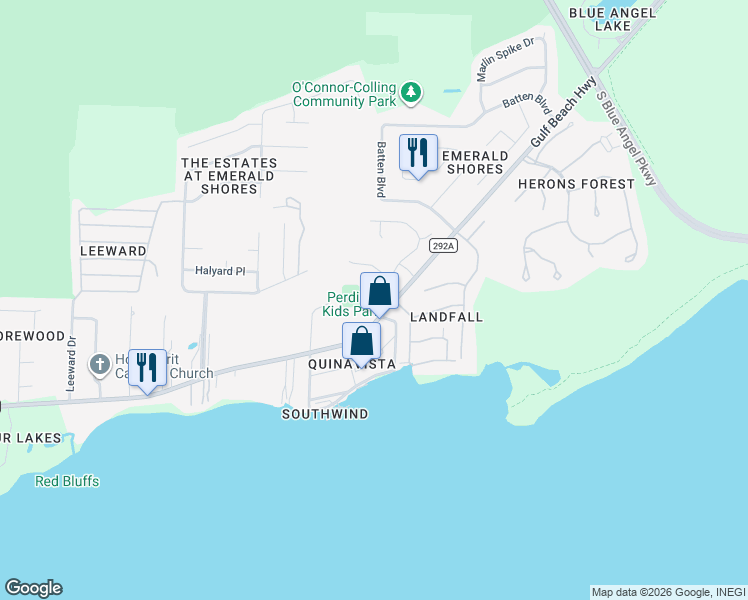 map of restaurants, bars, coffee shops, grocery stores, and more near 10001 Pandion Trail in Pensacola
